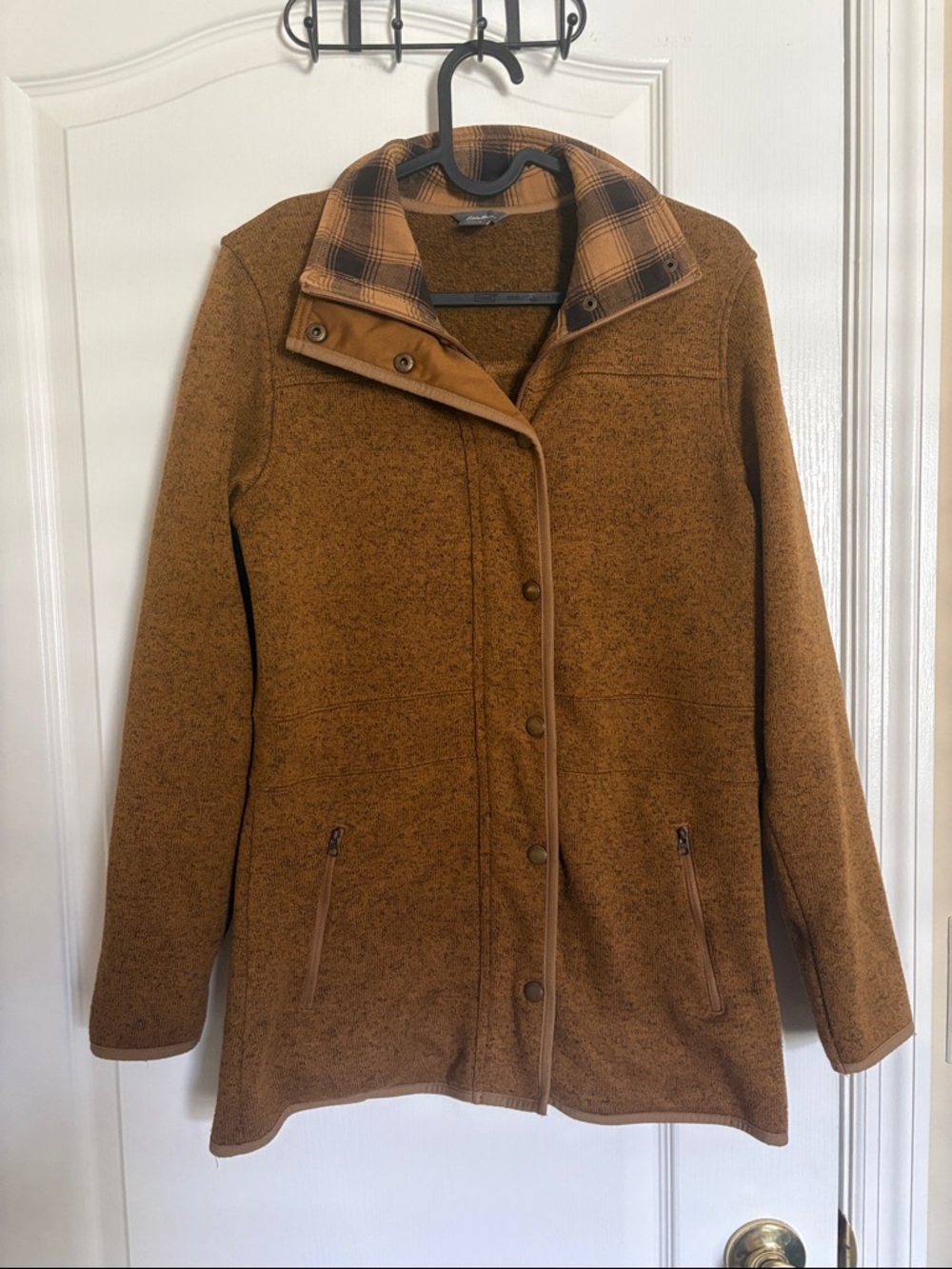 Eddie Bauer Women’s Radiator Fleece Camel Brown Plaid-Trim Button Up Zipper Coat